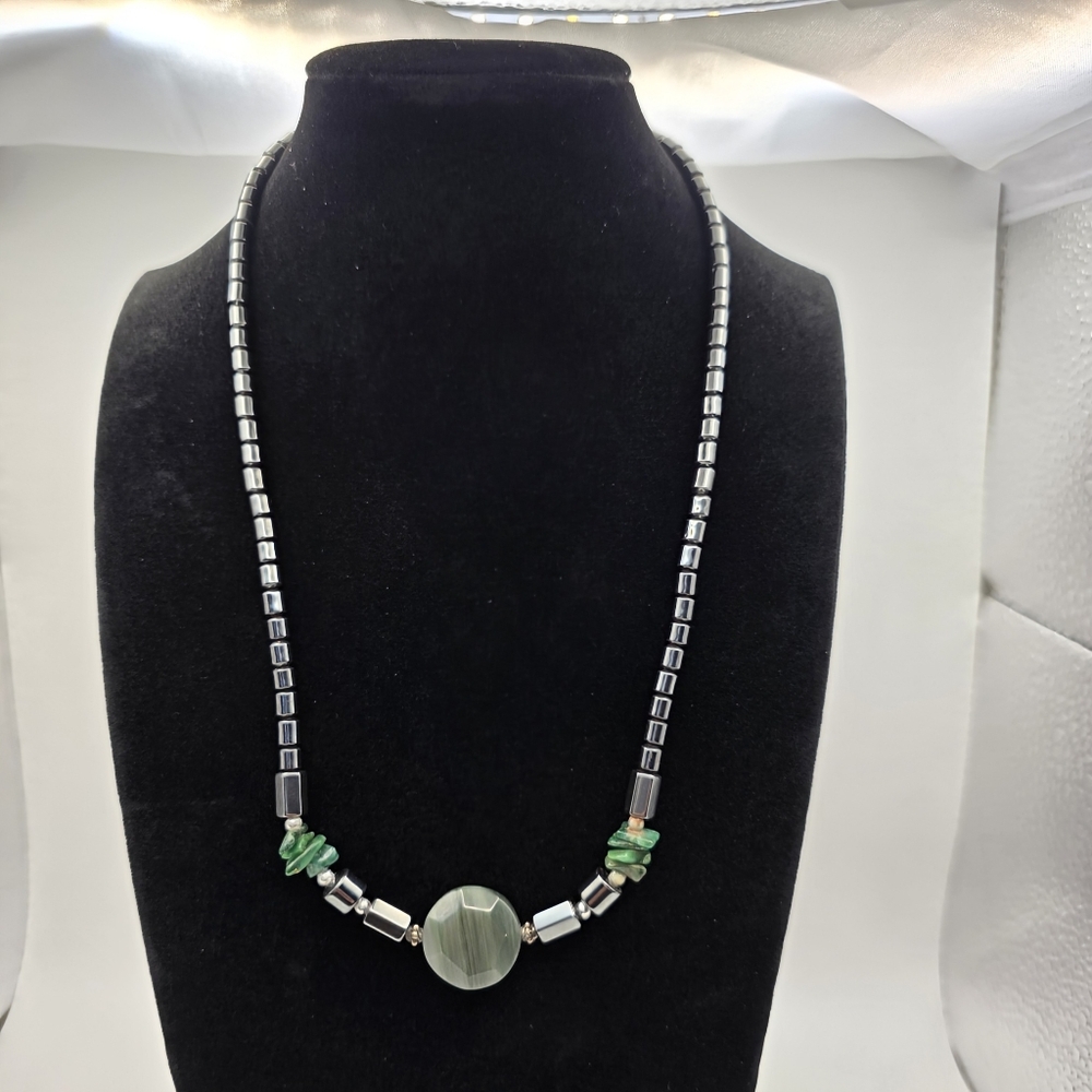 Black ,Tone Necklace w/ Green Stone Pendant & Beaded Accents